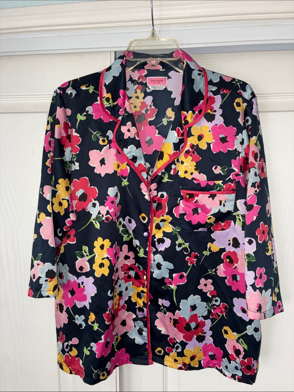 kate spade-Blue Floral polyester Pajama Top with Pink & Yellow Blooms
